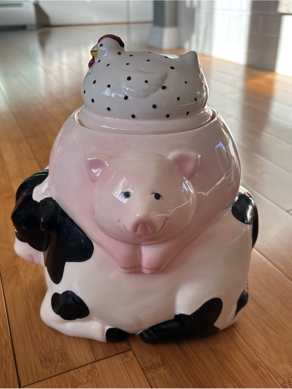 Ceramic Farm Animal Cookie Jar - Pink Pig with Chicken Lid Sitting Atop a Cow